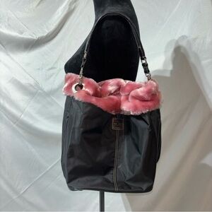 Liz Claiborne Black Nylon With Pink Fur Trim Purse